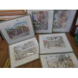 Jill Walker: six framed titled coloured prints, depicting various scenes in Barbados