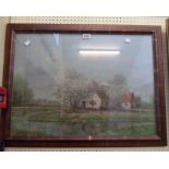 A gilt framed oil on canvas under glass, depicting a farmstead with stream in foreground -
