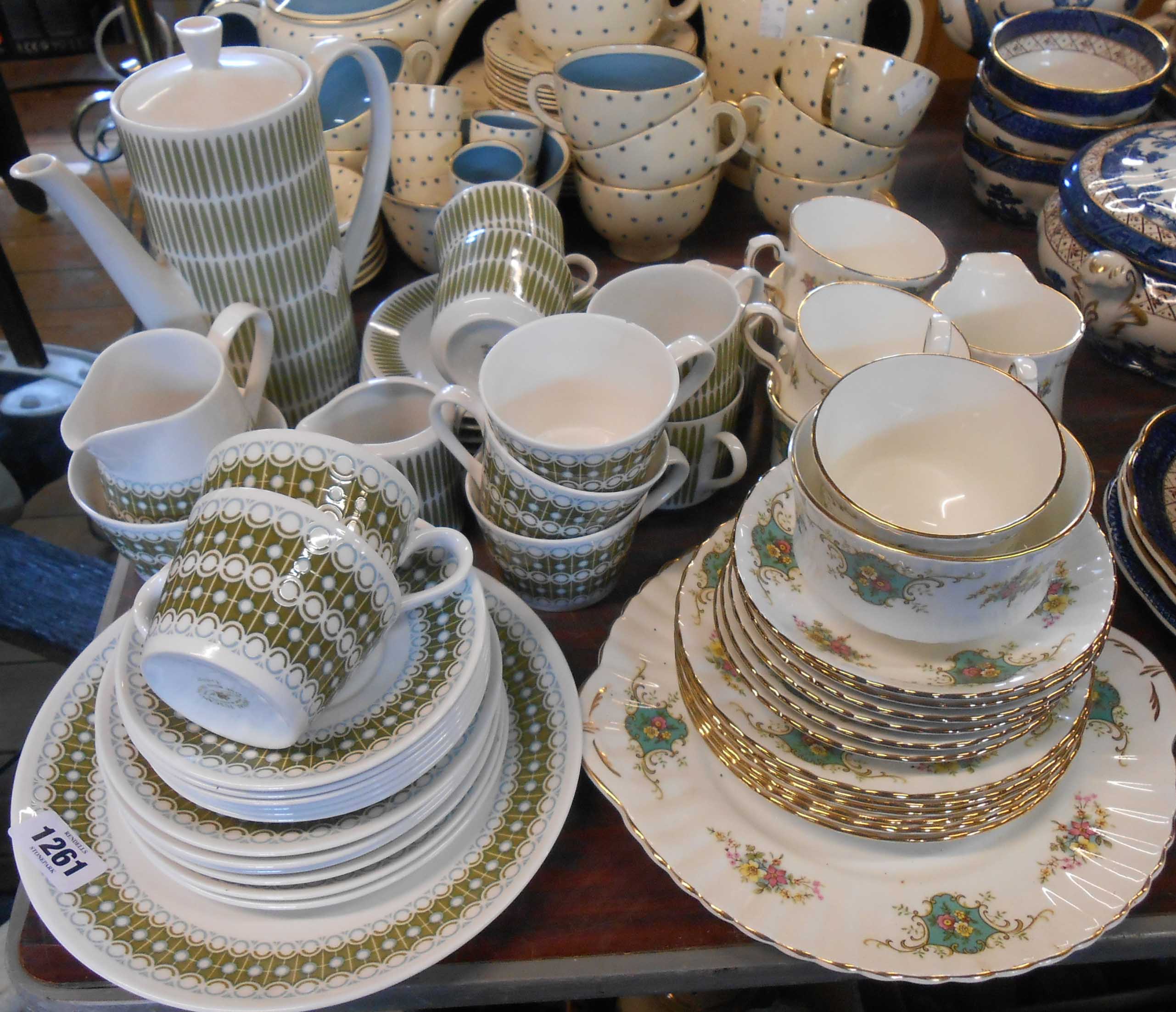 A vintage Royal Tuscan bone china Cadenza pattern part tea set including five trios, milk jug, bread