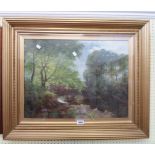 †E. Dunn: a gilt framed oil on canvas under glass entitled A Quiet Bend on the Rive Aire, Shipley on