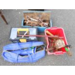 Toolboxes, a crate and bag containing assorted tools, including hammers, pliers, spanners etc.