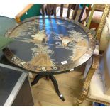 A 76cm diameter late Chinese lacquered tilt-top pedestal table with decoration featuring an Immortal