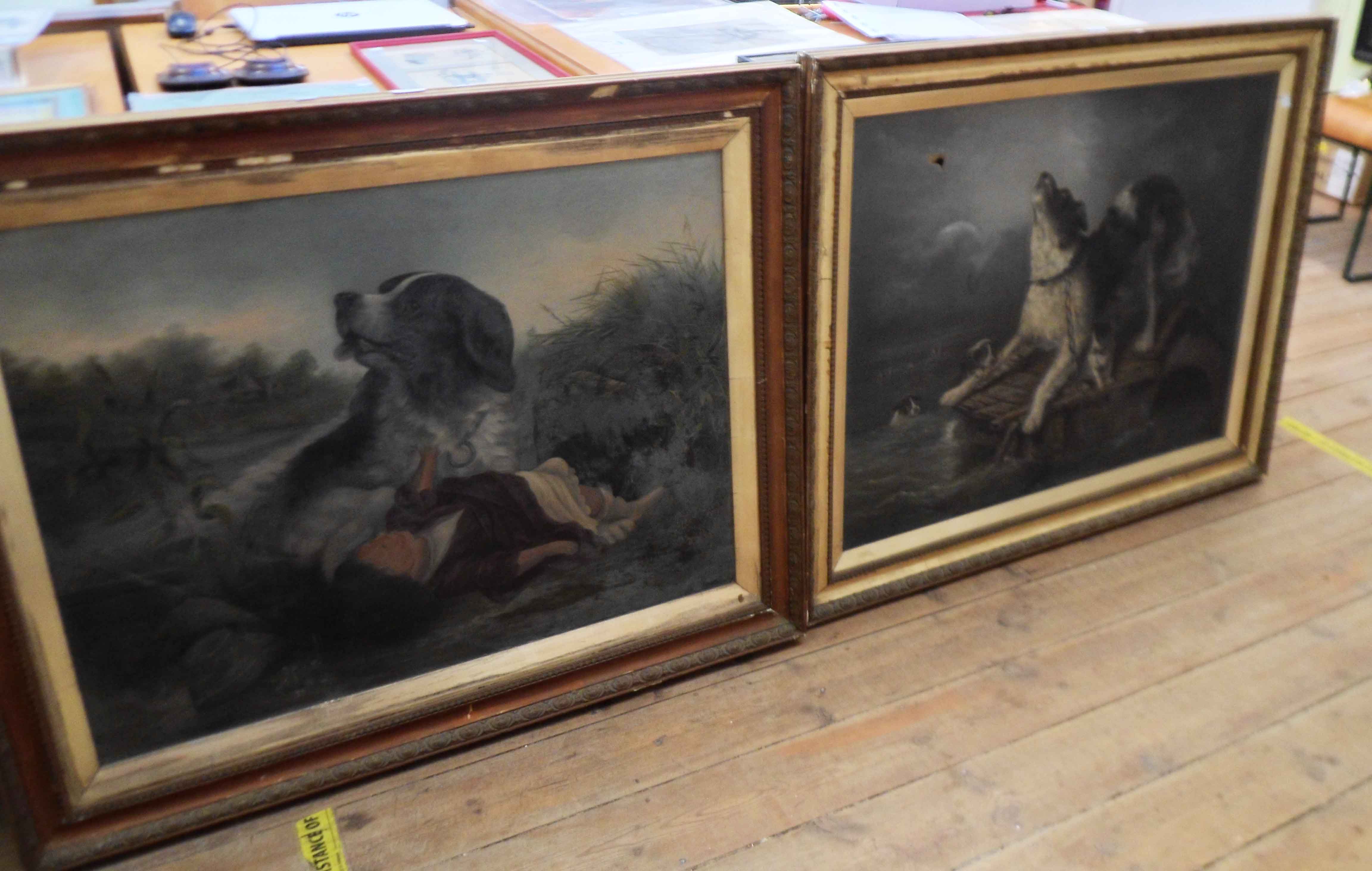 A pair of gilt framed Victorian oils on canvas, one depicting a lifesaving dog, the other puppies