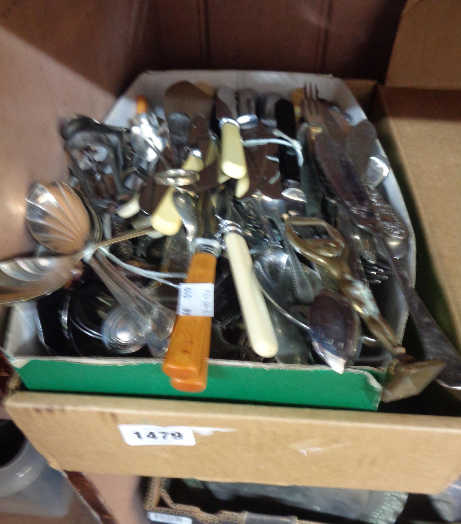 A box containing a quantity of silver plated and other cutlery