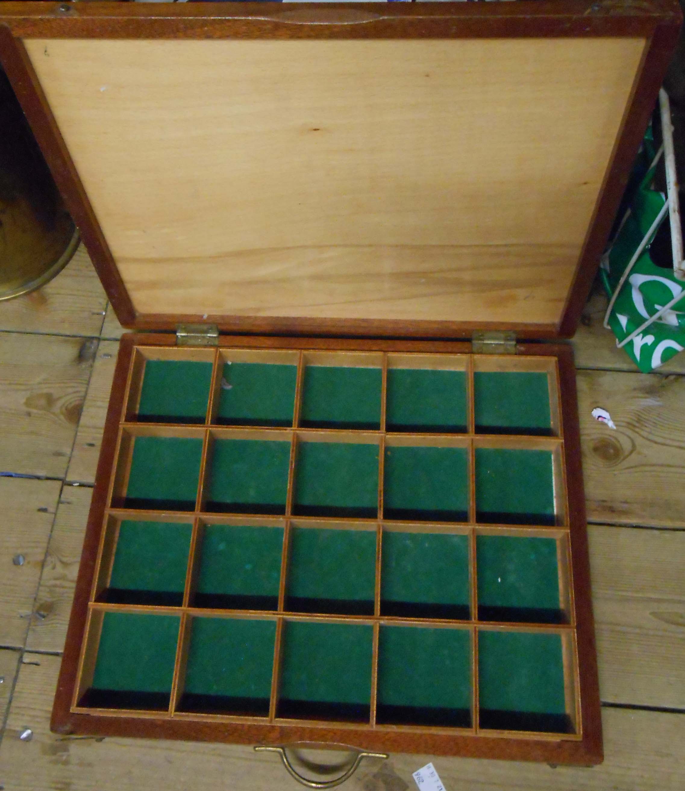 A wooden collector's case with interior divided compartments and brass carrying handle