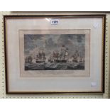 A Hogarth framed antique coloured engraving entitled The Glorious Defeat of the French Fleet -