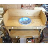 A 91cm Victorian stripped pine washstand with Panorama pattern blue and white china basin,