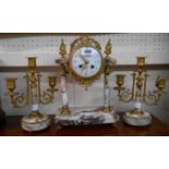 A 19th Century French clock garniture comprising ornate drum and marble pillar clock with eight