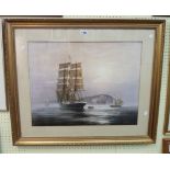 Roger Desoutter: a gilt framed large format coloured print, depicting sailing vessels and a rowing