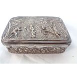A silver snuff box with embossed figures arriving at a country house with large stairway and