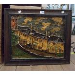 A vintage framed painted papier-mâché high relief picture, depicting a row of terraced cottages with
