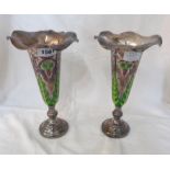 A pair of 25.5cm high Chinese white metal vases with enamelled foliage, grapes and motifs - rims