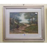 A framed oil on board in the Victorian style, depicting a huntsman and dog on a rural track -