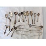 Assorted small silver and other spoons - sold with four pairs of small silver sugar tongs