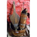 A copper helmet coal scuttle - sold with a part companion set, shovels and pair of wooden bellows
