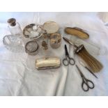 Various dressing table items including bottles, jars, nail buff and brush, etc. some silver content