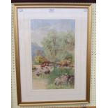 William S. Morrish: a gilt framed watercolour, depicting cattle watering by the River Dart -