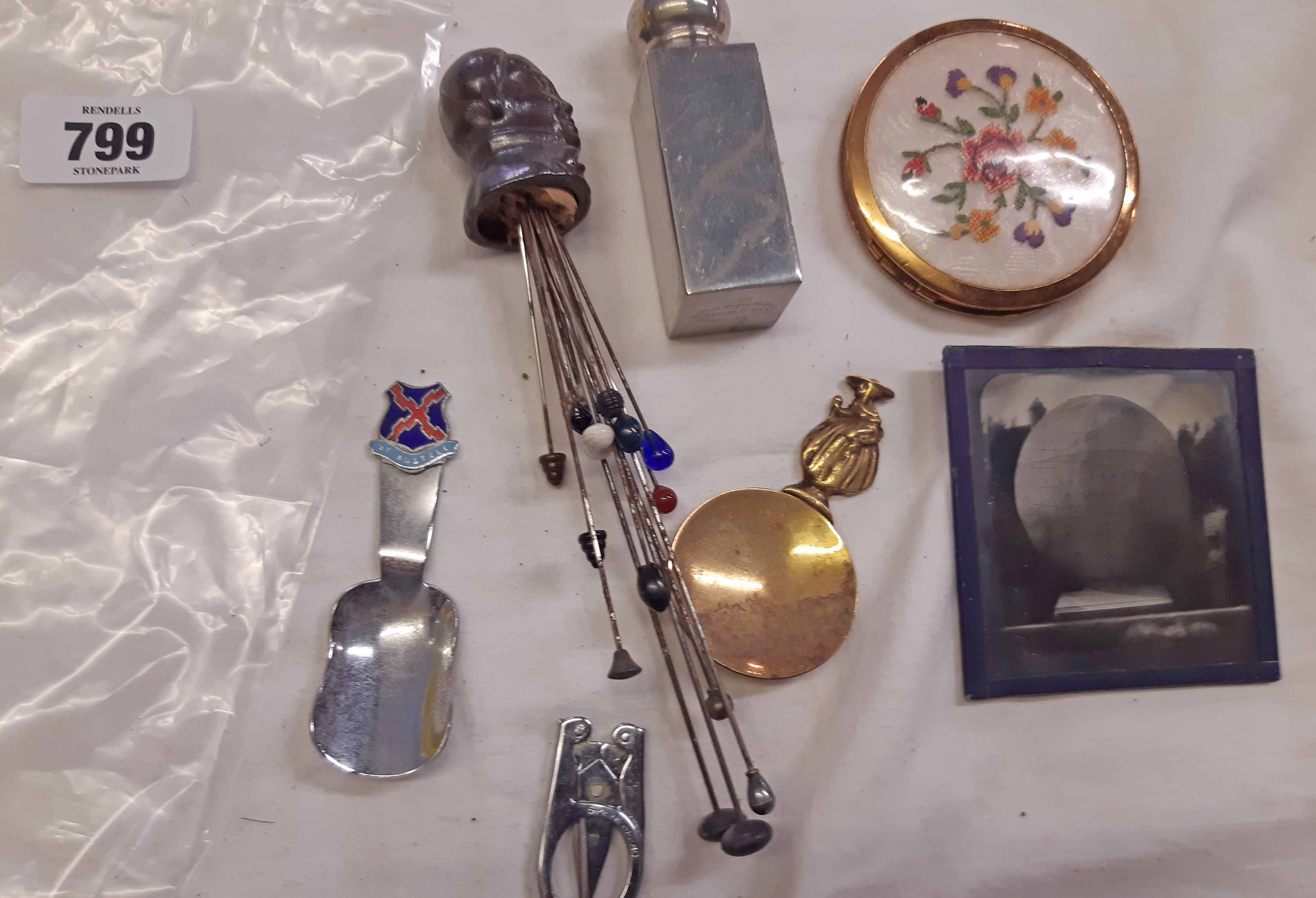 A bag of collectable items including salt glazed stoneware candle snuffer, hat pins, caddy spoons,