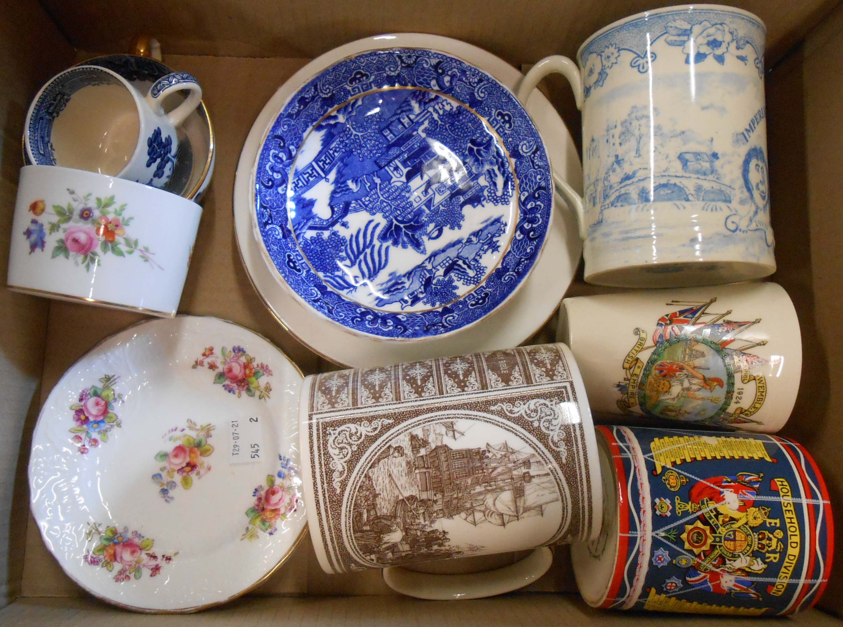 A box containing assorted commemorative and other ceramic items including 1924 Wembley Empire