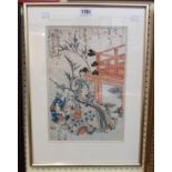 A framed Japanese woodblock print, depicting a seated man in a garden with children beneath a