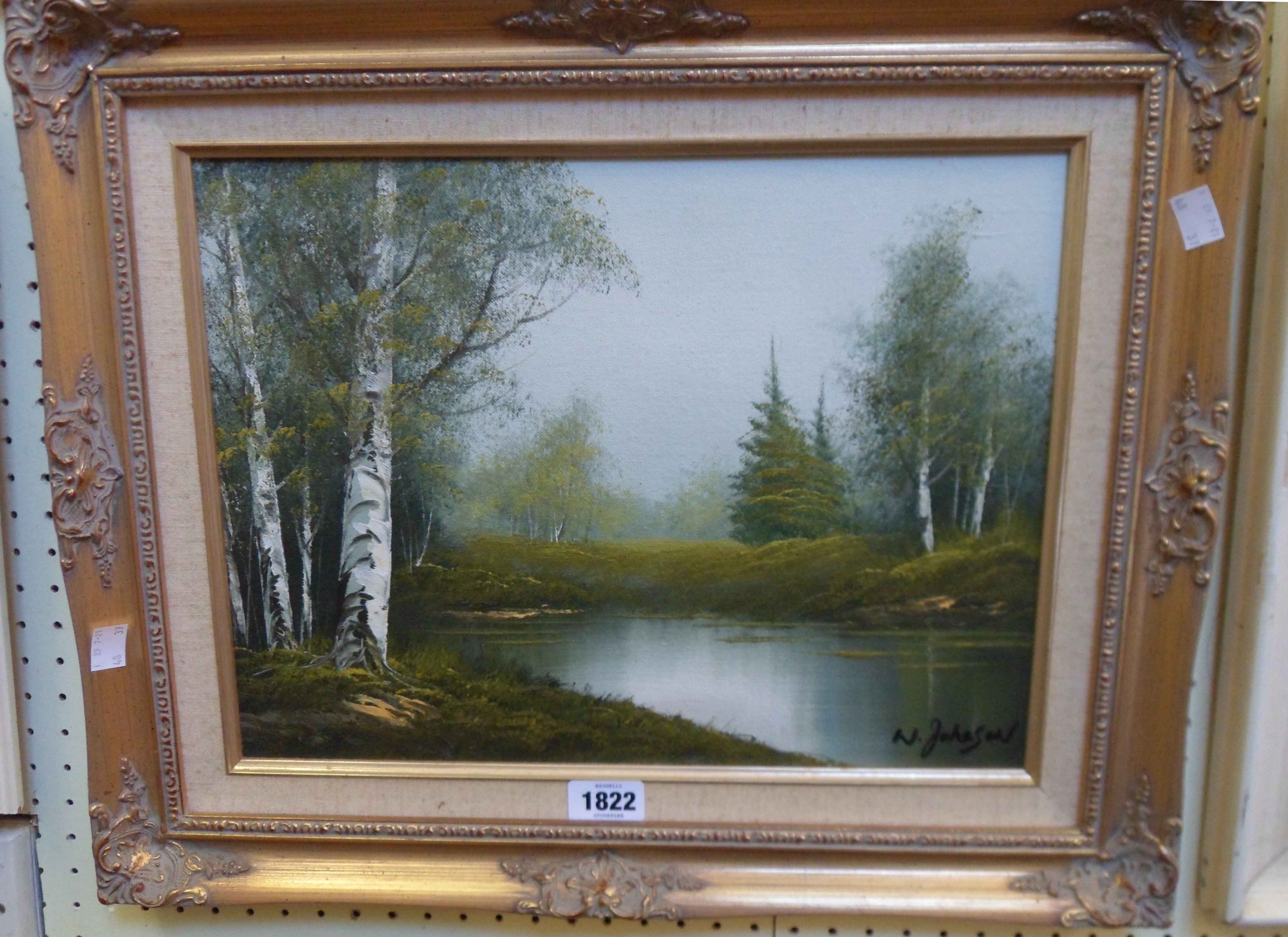 An ornate gilt and hessian framed oil on board, depicting a woodland river landscape -