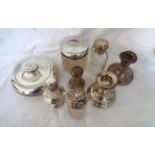 Various silver topped dressing table glass jars, two damaged candlesticks and two pepperettes -