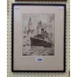 A framed etching of the White Star ocean liner RMS Majestic off New York - indistinctly signed in