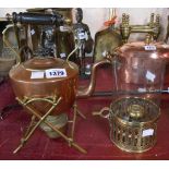 A 19th Century copper and brass spirit kettle on stand with burner - sold with a chamberstick with