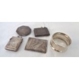 Two silver vesta cases, oblong locket, snuff box and napkin ring