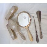 A silver mounted dressing table hand mirror and brush set, also button hook and shoehorn - various