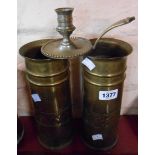 A pair of WWI trench art vases, each made from a shell case with decorative banding - sold with a
