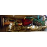 A box containing assorted metalware including large cast brass ploughman figurine, barge ware