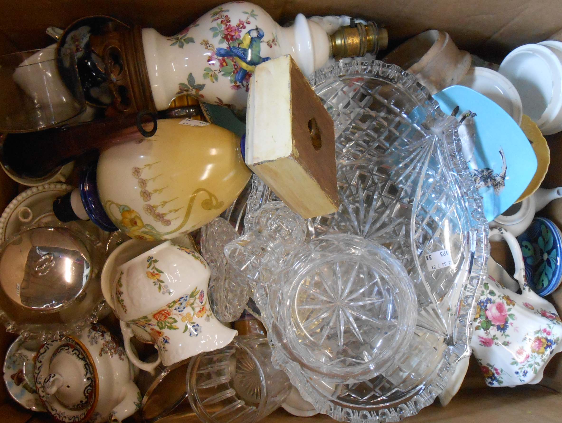 A box containing assorted ceramics and glassware including Aynsley, etc.