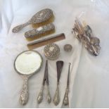 Various silver topped and mounted dressing table items including hand mirror, brushes and pots -