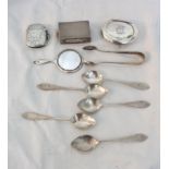 Small collectable silver items including vesta case, miniature hand mirror and coffee spoons, etc. -