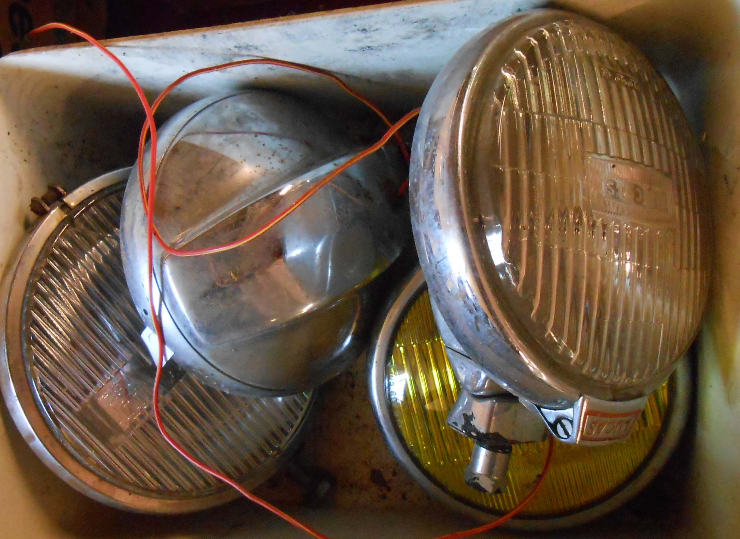 A pair of vintage Lucas TT car headlamps, etc.