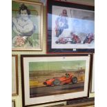 †Roy Nockolds: a framed vintage coloured print, depicting Mike Hawthorn driving a Ferrari during the