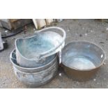 An old preserve pan, coal helmet and bucket - various condition