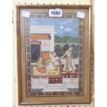 A gilt framed Mughal painting, depicting figures on a terrace with gilt detailing within a