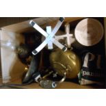 A box containing assorted brassware and other metal items including glass handled brass kettle,