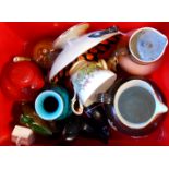 A crate containing assorted ceramics including Doulton Lambeth harvest jug, Crown Devon, etc.