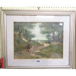 A framed oil on board in the Victorian style, depicting a huntsman and dog on a rural track -