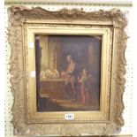 A gilt gesso framed Victorian oil on board in the romantic Arthurian style, depicting a knight and