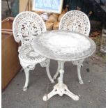 A marble top cast iron pedestal garden table - sold with two painted aluminium garden chairs - 1