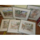 Jill Walker: six framed titled coloured prints, depicting various scenes in Barbados