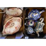 A box containing two Victorian pottery teapots, a Copeland Spode Camilla soup cruet and a Japanese