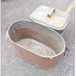 A large copper lidded box - sold with an oval two handled similar vessel