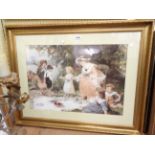 A large gilt framed coloured print, depicting children and female figure having a waterside picnic