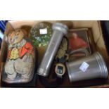 A box of assorted collectable items including paperweights, lighter, bunny tin, etc.