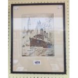 A framed etching of the White Star ocean liner RMS Majestic off New York - indistinctly signed in